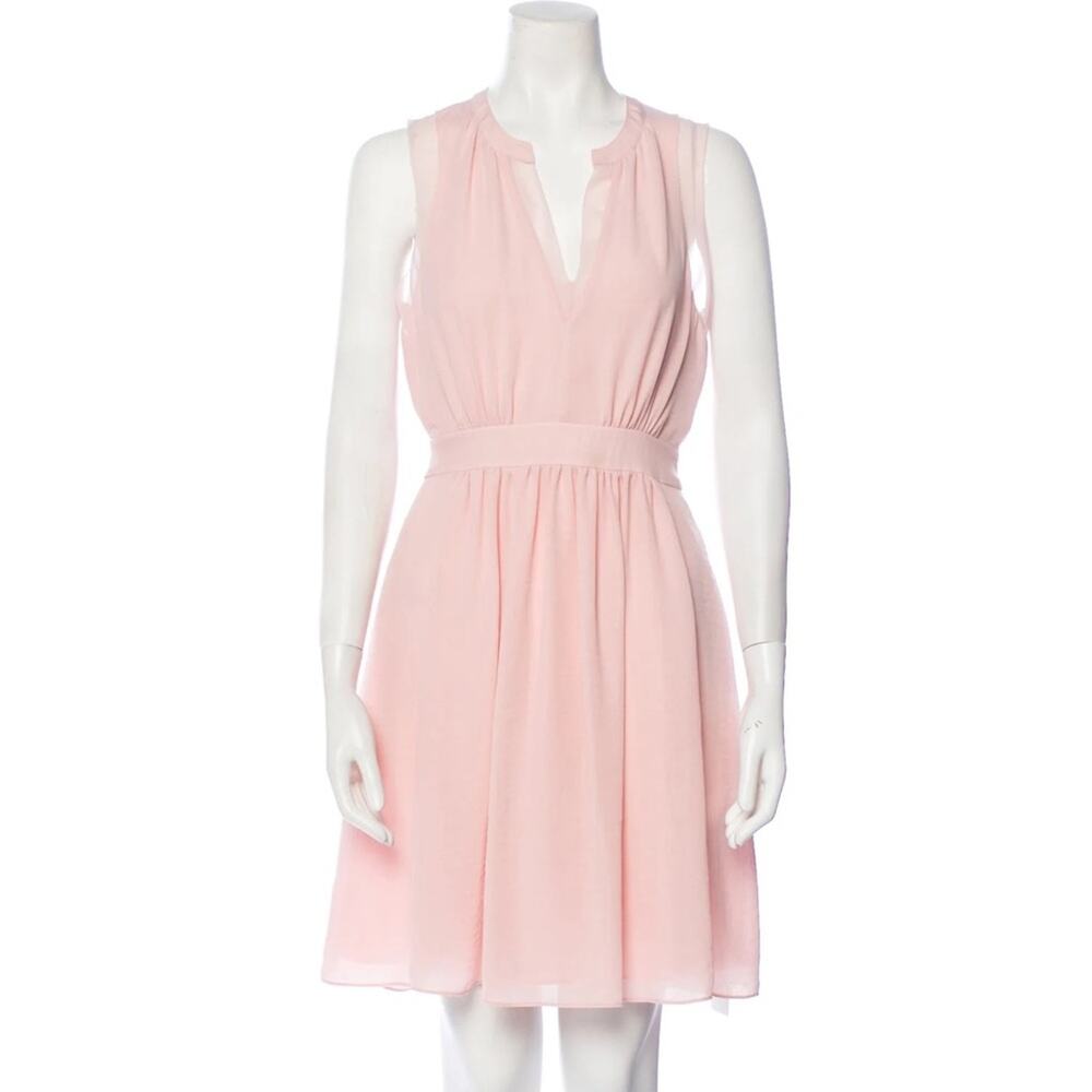 Rebecca Taylor | Women’s Pastel Pink V-Neck Flowy Above Knee Dress Pleated Party